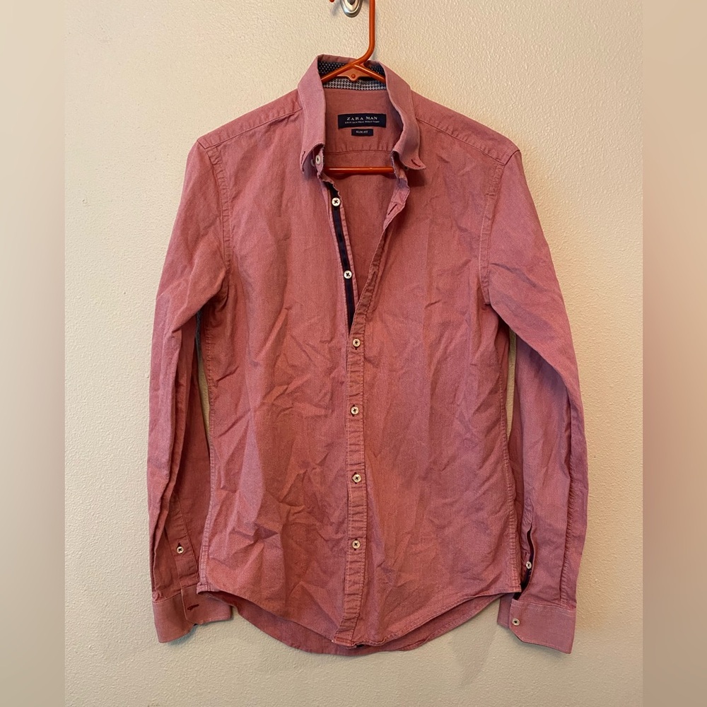 Zara Men Long Sleeve Button-Up Shirt - Pink